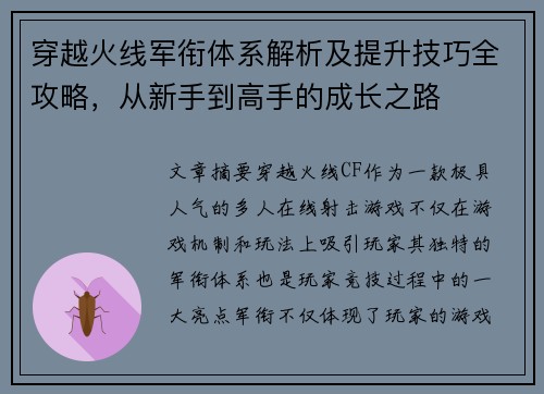 穿越火线军衔体系解析及提升技巧全攻略，从新手到高手的成长之路